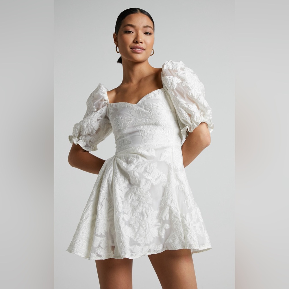 Brailey Mini Dress - Puff Sleeve Fit and Flare Dress in White